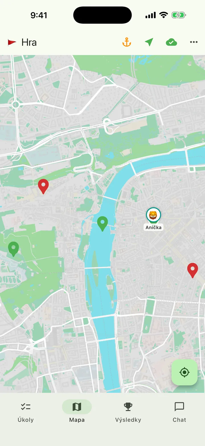 Mapa s úkoly a polohou týmu